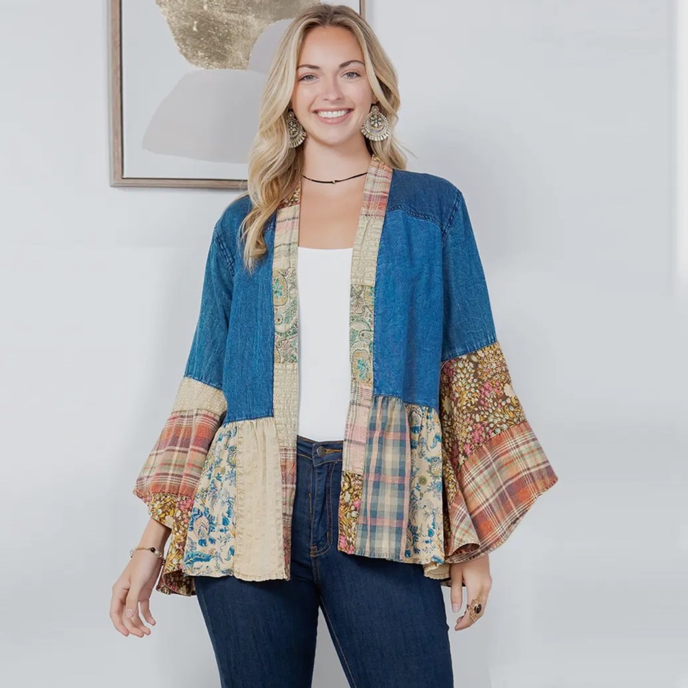 Patchwork Bohemian Jacket - Blue, Cream, Tan
